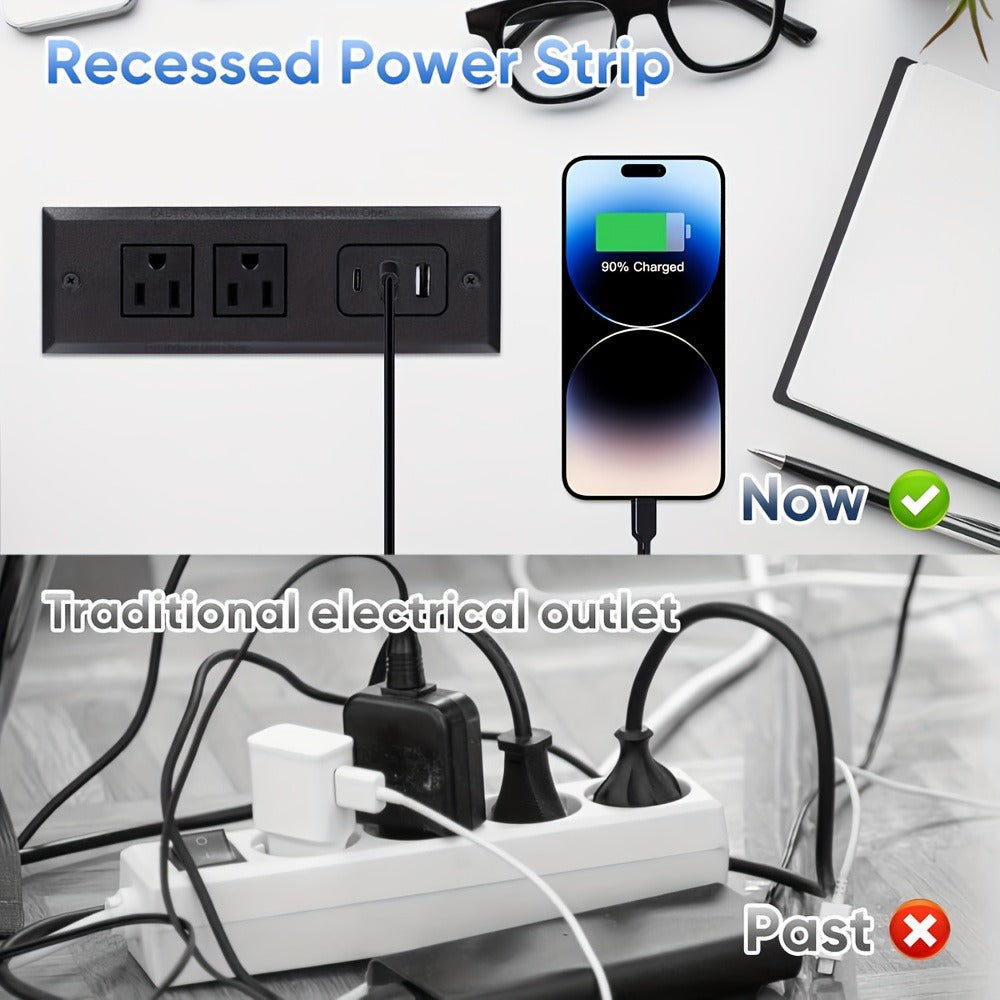Recessed Power Strip Flush Mount Desk Outlet with USB-C & USB-A Ports In-Desk Power Grommet for Conference Room Office Table Furniture 1.5m Cord
