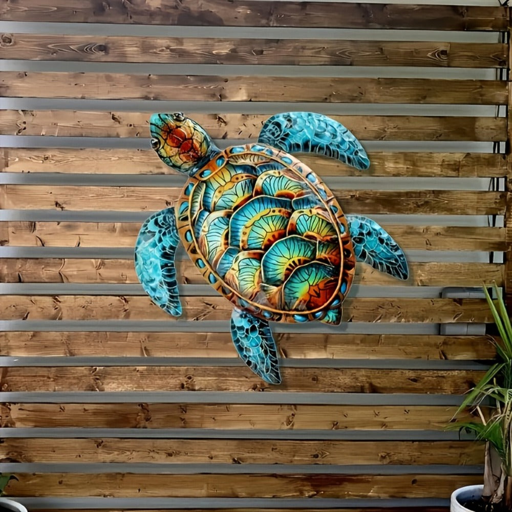 Metal Wall Art Turtle Sculpture - Colorful Swirling Pattern Hanging Decor, Intricate Boho Wall Decoration for Living Room Bedroom Entryway, Housewarming Gift, Easy Install, 14.37x15.75 Inch