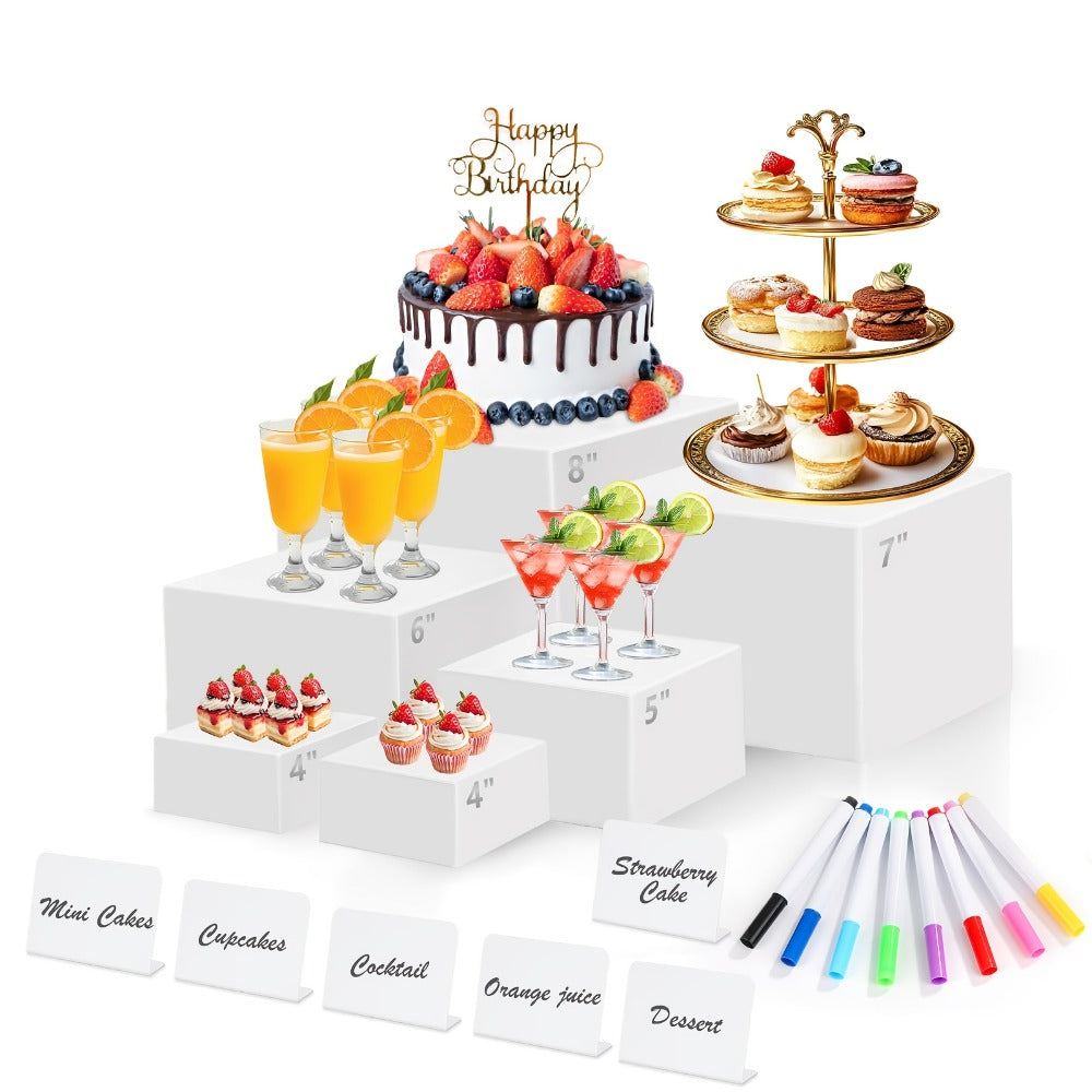 Buffet Risers Display Stand 6pcs - White Acrylic Food Risers for Buffet Table Party Catering Wedding Dessert Display Jewelry Collectibles Nesting Boxes Shelf Organizer