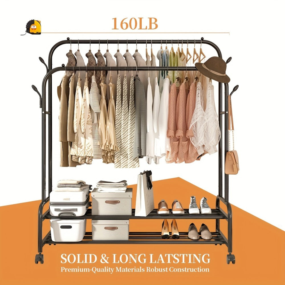 Heavy Duty Metal Clothing Rack Double Rod with Wheels Shelves and Hooks Freestanding Garment Rack 300LB Capacity Closet Organizer for Bedroom Laundry Room