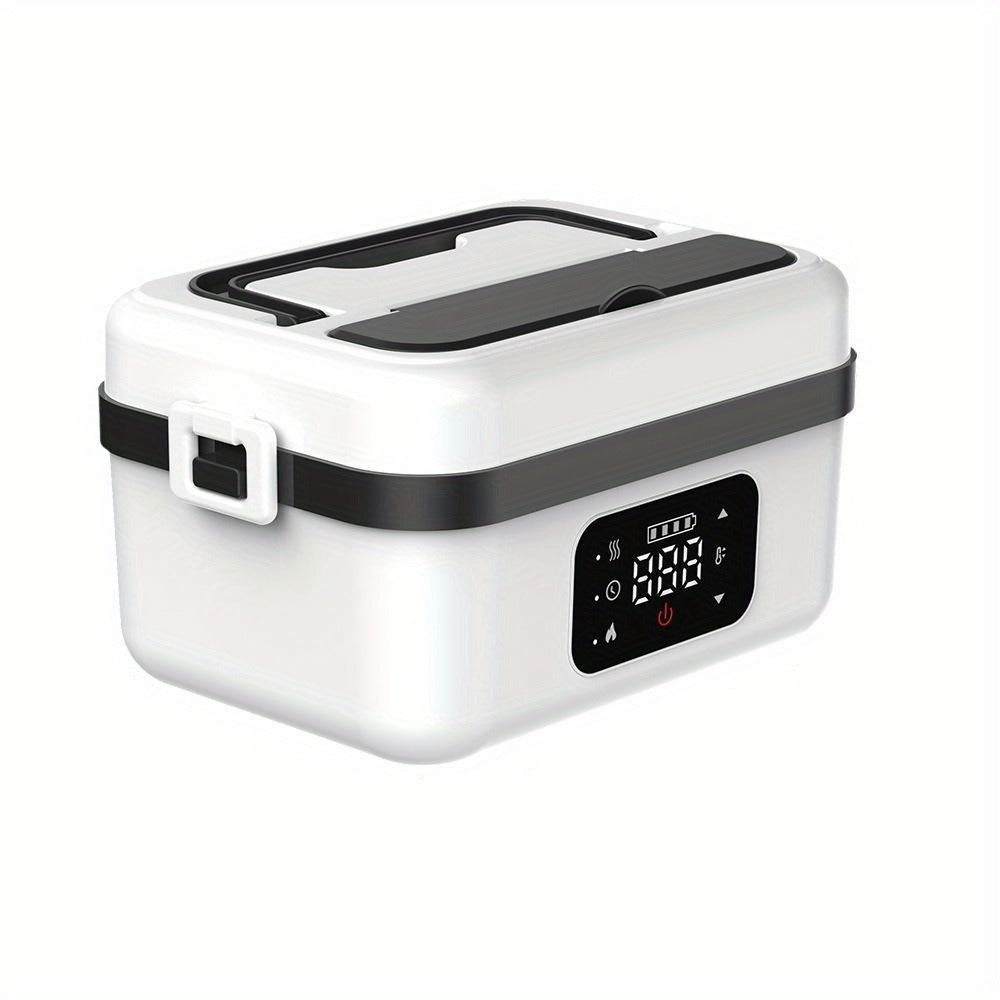 Self Heating Lunch Box Battery Powered 8000mAh - 60W Portable Electric Food Warmer with Smart Timer 1 Liter Stainless Steel Inner Container for Home Car Office and Truck, Leak Proof with Fork Spoon and Carry Bag, Gift for Men and Women