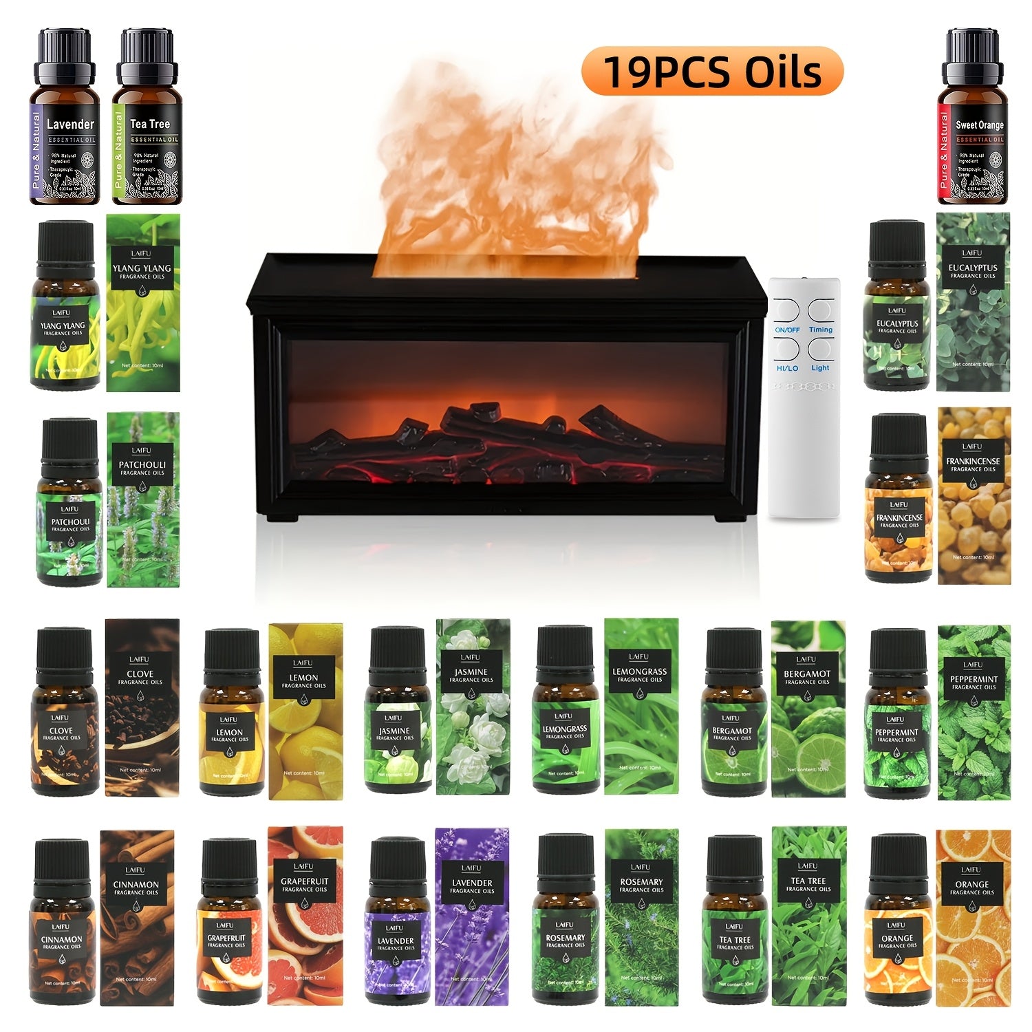Essential Oil Diffuser Fireplace Design 300ml 7-Color LED Night Light Aromatherapy Diffuser with 19 Essential Oils Gift Set for Home Bedroom Living Room Office