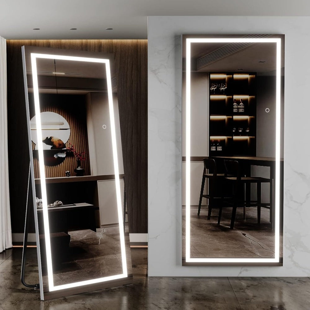 LED Full Length Mirror with Lights, Touch Control Lighted Full Body Mirror, Free Standing Wall Mounted Leaning Bedroom Mirror with LED Light Strip for Dressing Room Vanity