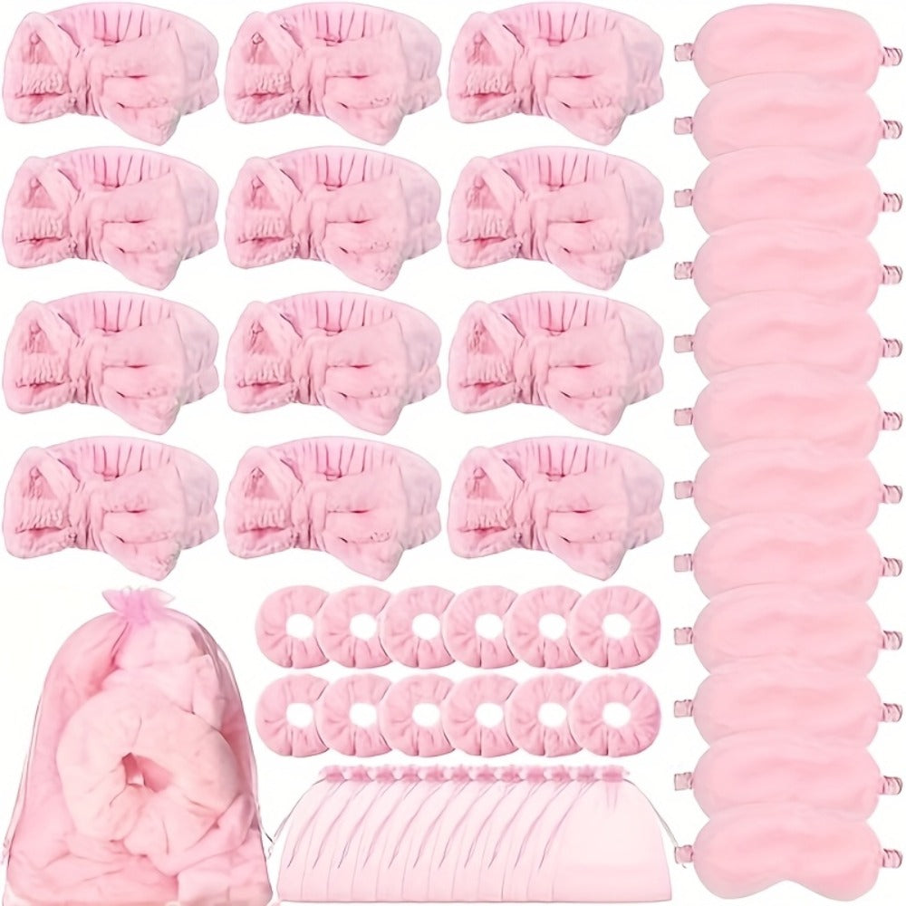 Spa Party Favors 48 Pack Pink Princess Theme - 12 Headbands 12 Sleep Masks 12 Hair Bands 12 Organza Gift Bags for Bachelorette Party Bridal Shower Girls Spa Night Birthday Mother's Day Supplies