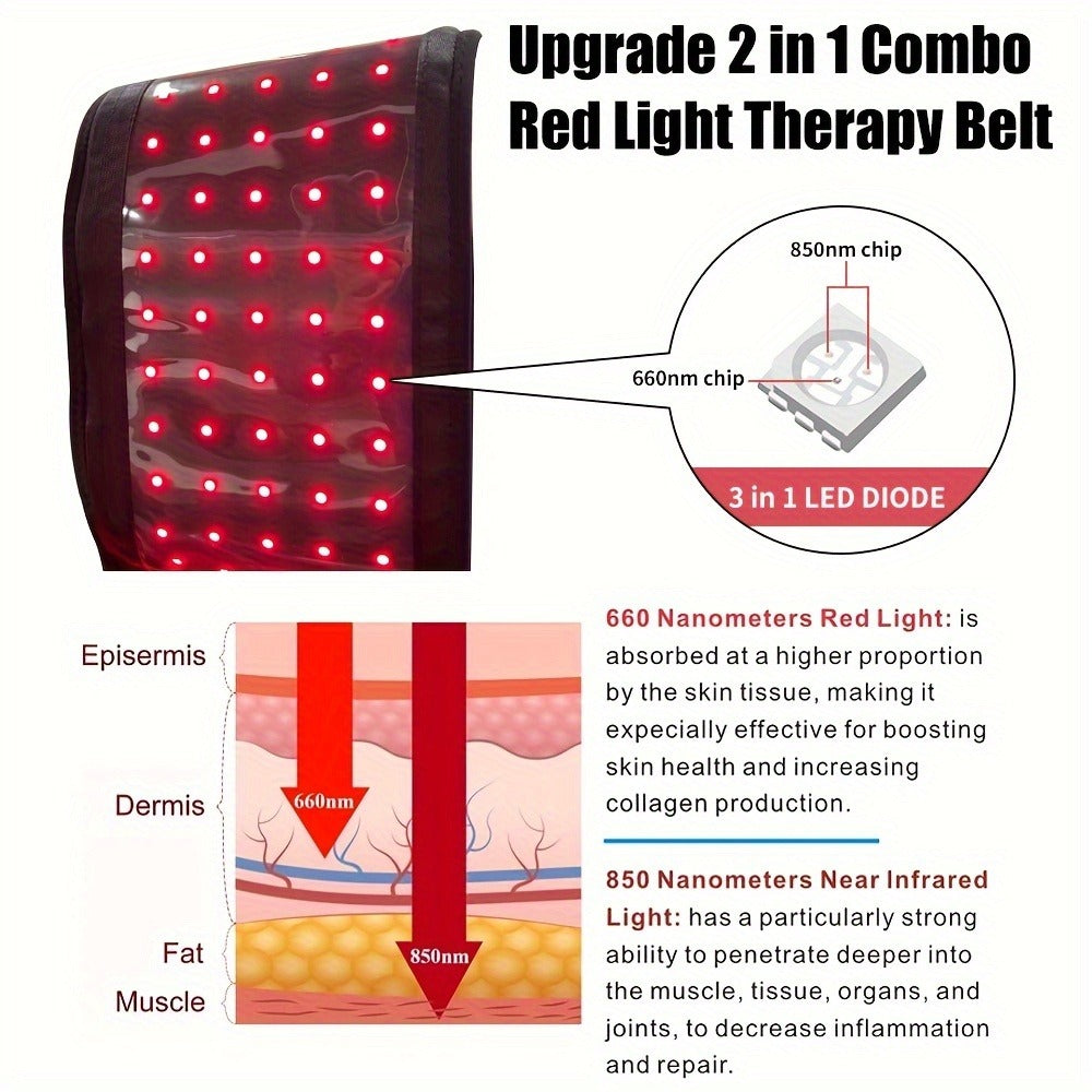 Wearable Red Light Therapy Belt ¨C 660nm & 850nm 3-in-1 Chip Infrared Light Wrap with Timer for Inflammation Relief, Wound Healing & Body Recovery, Portable At-Home Pain Relief Therapy Device, Black