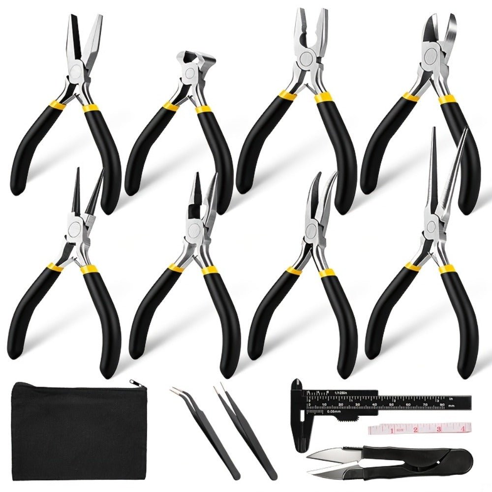 Jewelry Making Pliers Set 3/14pcs Tool Kit - Professional Round Nose, Flat Nose & Needle Nose Pliers, Wire Cutters, Tweezers, Scissors, Vernier Caliper, Storage Bag, for Beading, Wire Wrapping & DIY