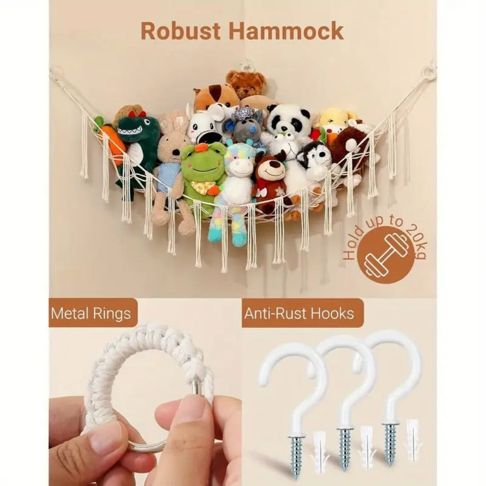 Stuffed Animal Storage Hammock with Lights Corner Hanging Toy Net Organizer for Nursery Bedroom Kids Room Decor Plush Toy Holder Christmas Halloween Easter Gift