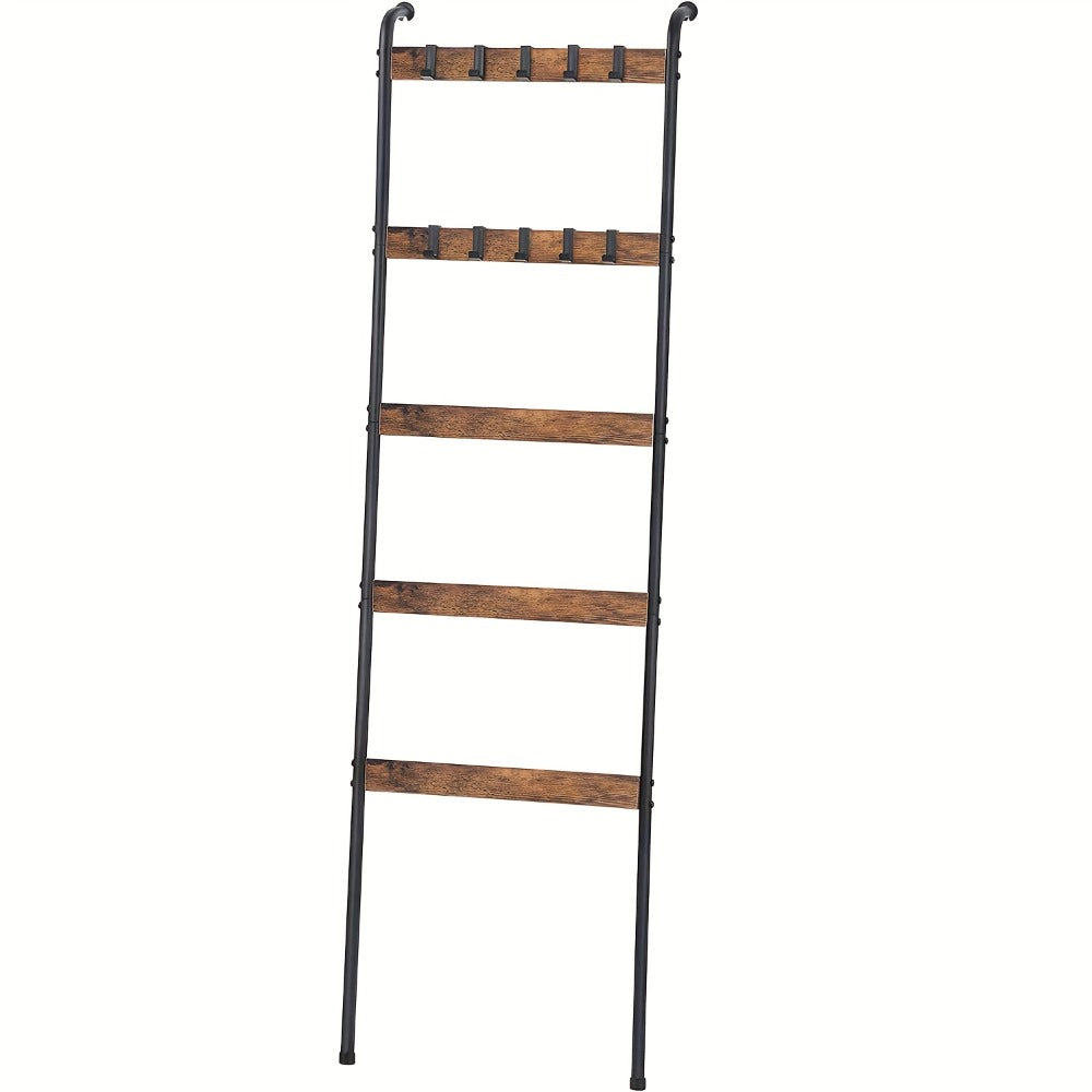 Blanket Ladder 5 Tier Farmhouse Wood with 10 Removable Hooks Wall Leaning Towel Rack Quilt Holder for Living Room Bathroom Bedroom Decor