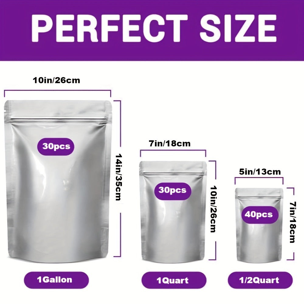 Mylar Bags for Food Storage 100 Pack Resealable 3 Sizes 1 Gallon 10 Mil 1 Quart 8 Mil Half Pint 6 Mil Stand Up Airtight Bags for Long Term Food Preservation Prepping Camping