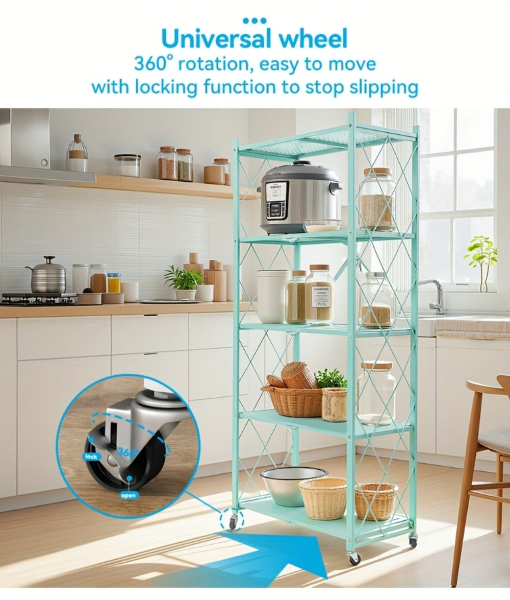 Foldable Storage Rack with Lockable Wheels 3 4 5 Tier Carbon Steel No Assembly Space Saving Floor Standing Shelf for Bedroom Balcony Garden