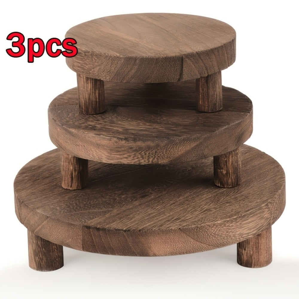Wooden Display Riser Stands 3pcs Set Rustic Multi-Tier Cake Stand with Sleek Legs - Natural Wood Finish Decorative Organizer for Home Decor Tiered Tray Shelf Tabletop