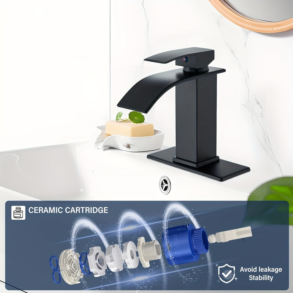 Waterfall Bathroom Faucet Single Handle - Modern Sink Faucet with Valve, Chrome & Matte Black & Brushed Nickel & Brushed Gold Finish, 1 or 3-Hole Deck Mount, G9/16 Threads, Water Supply Lines Included