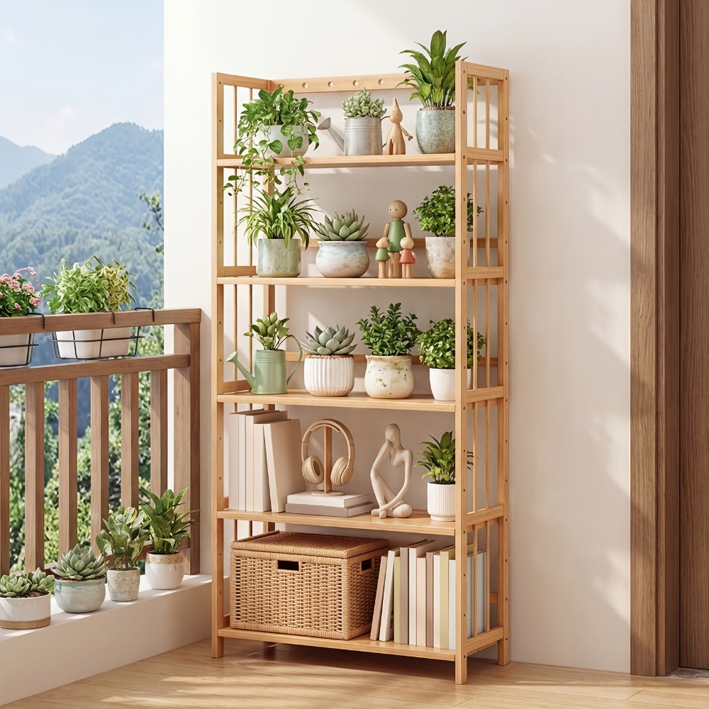 Bamboo Bookshelf Narrow 4 Tier Adjustable Shelves Wooden Bookcase Storage Shelf Organizer for Small Spaces Bedroom Living Room Home Office Standing Shelf