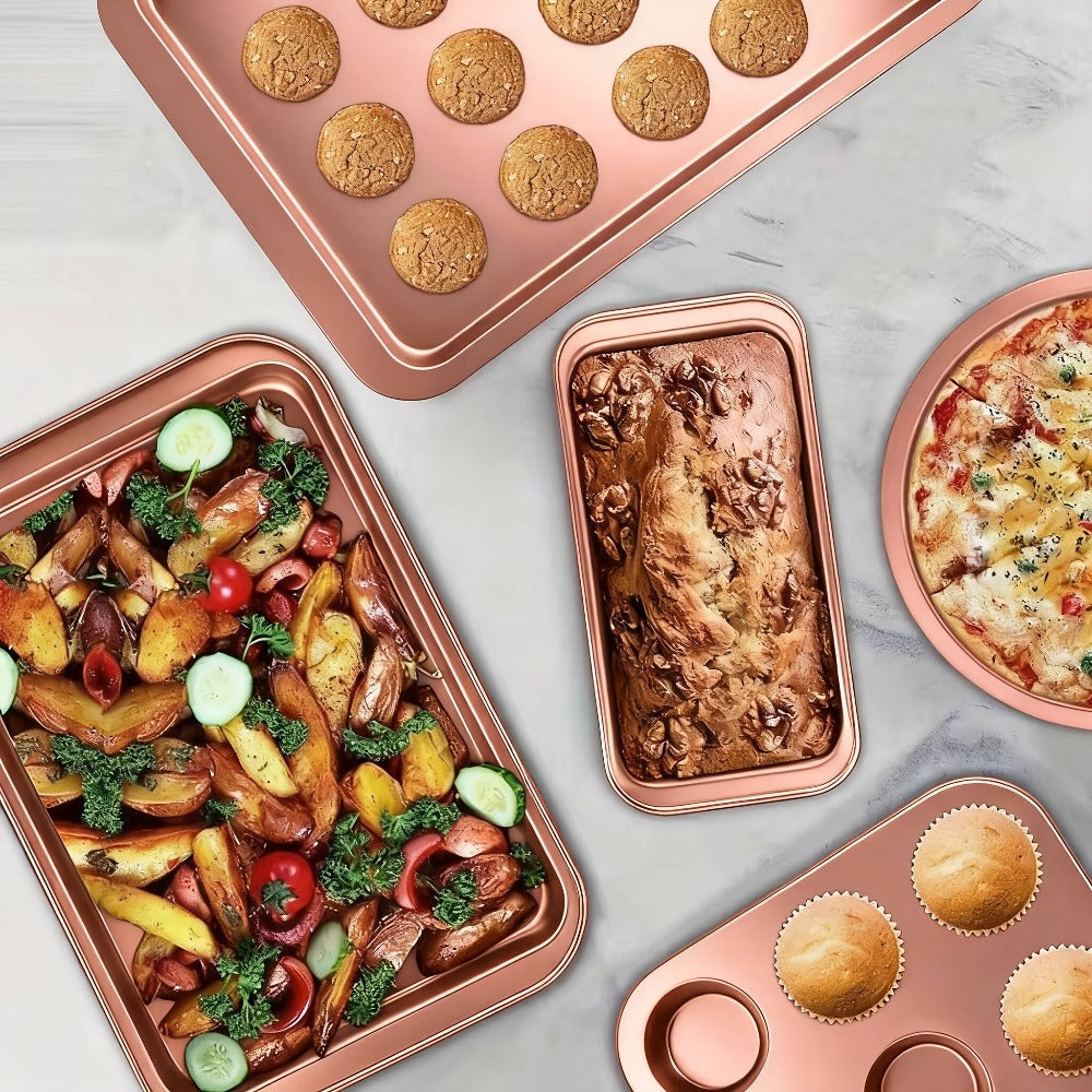 Nonstick Bakeware Pan Set, 8-Piece Carbon Steel Oven Baking Set with Cookie Sheet, 2 Round Cake Pans, Square Pan, Bread Pan, Pizza Pan & 12-Cup Muffin Pan, Complete Kitchen Baking Supplies