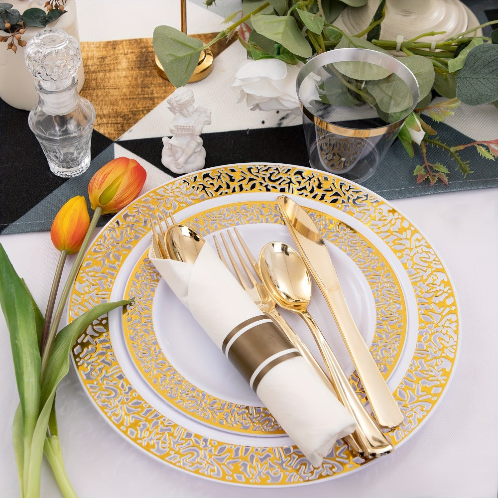 Gold Disposable Dinnerware Set for 50 Guests 350pcs ¨C Includes Dinner Plates, Dessert Plates, 9oz Cups with Gold Rim, Pre-Rolled Napkins & Gold Cutlery | Perfect for Wedding, Party & Holiday Celebration