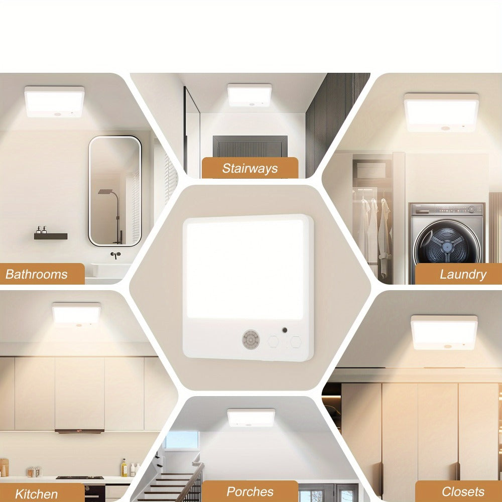 Wireless LED Ceiling Light Motion Sensor Rechargeable Battery Powered 3 Color Temperatures Remote Control No Wiring Closet Light for Bathroom Staircase Garage Hallway Kitchen Pantry White 1 or 2pcs