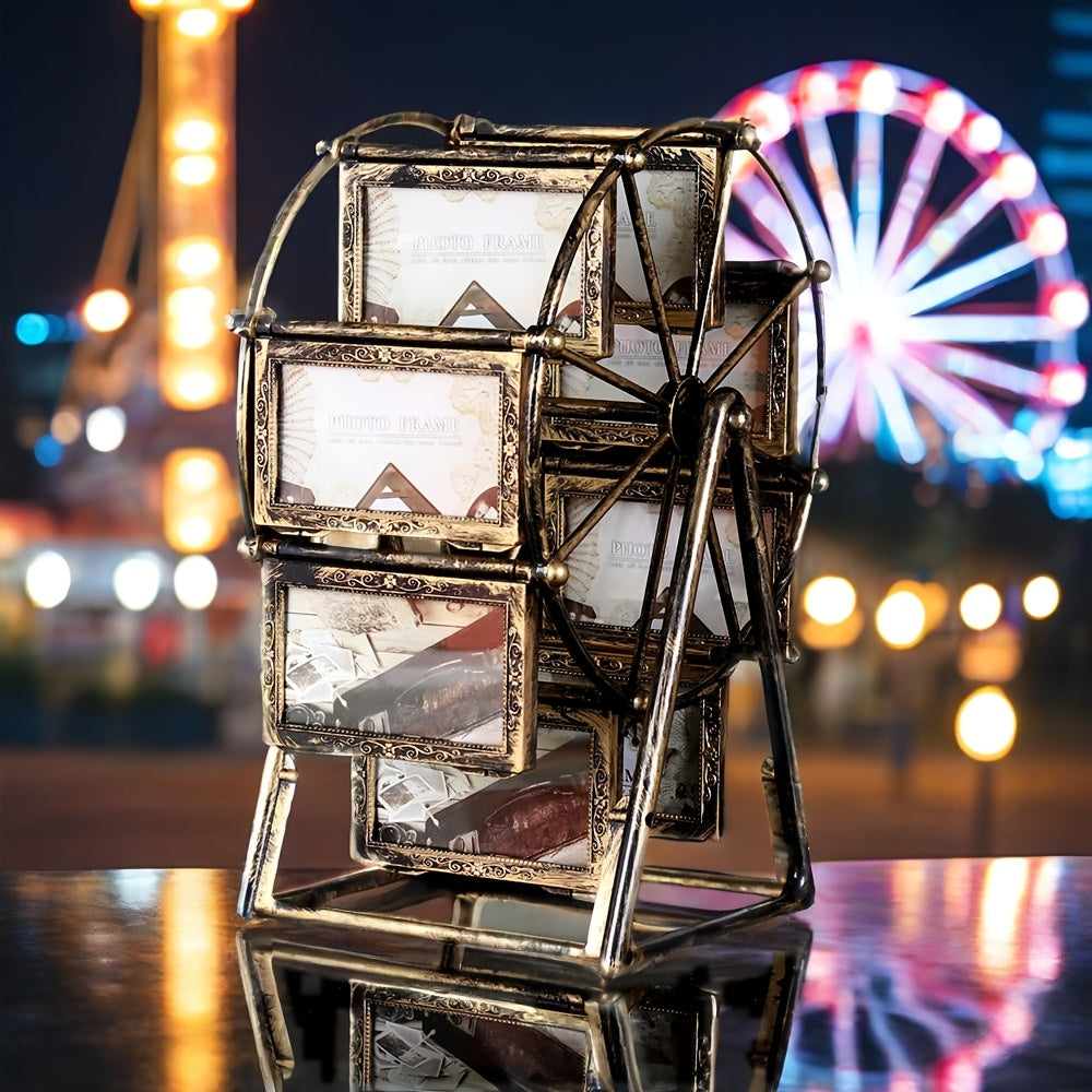 Rotating Ferris Wheel Photo Frame - Holds 8 Photos 4 inch - Vintage Spinning Picture Display Stand for Desk, Living Room & Bedroom - Unique Gift for Valentine's Day, Birthday & Christmas