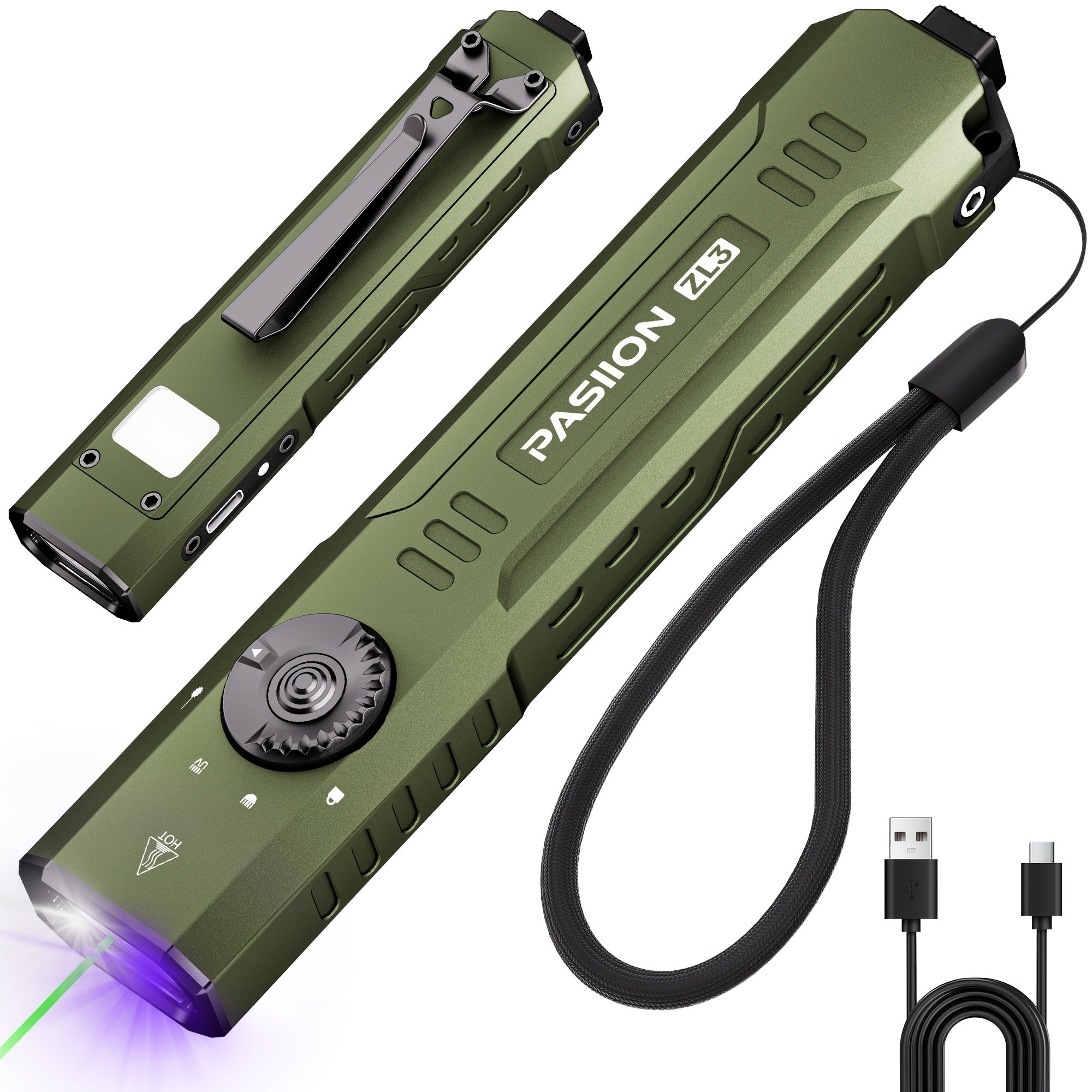 Tactical Flashlight Green Laser UV 3-in-1 | 1500 Lumen Slim EDC Multi-Function Light with White Light + UV365 Ultraviolet + Green Laser Beam | USB Rechargeable for Home Outdoor Daily Use