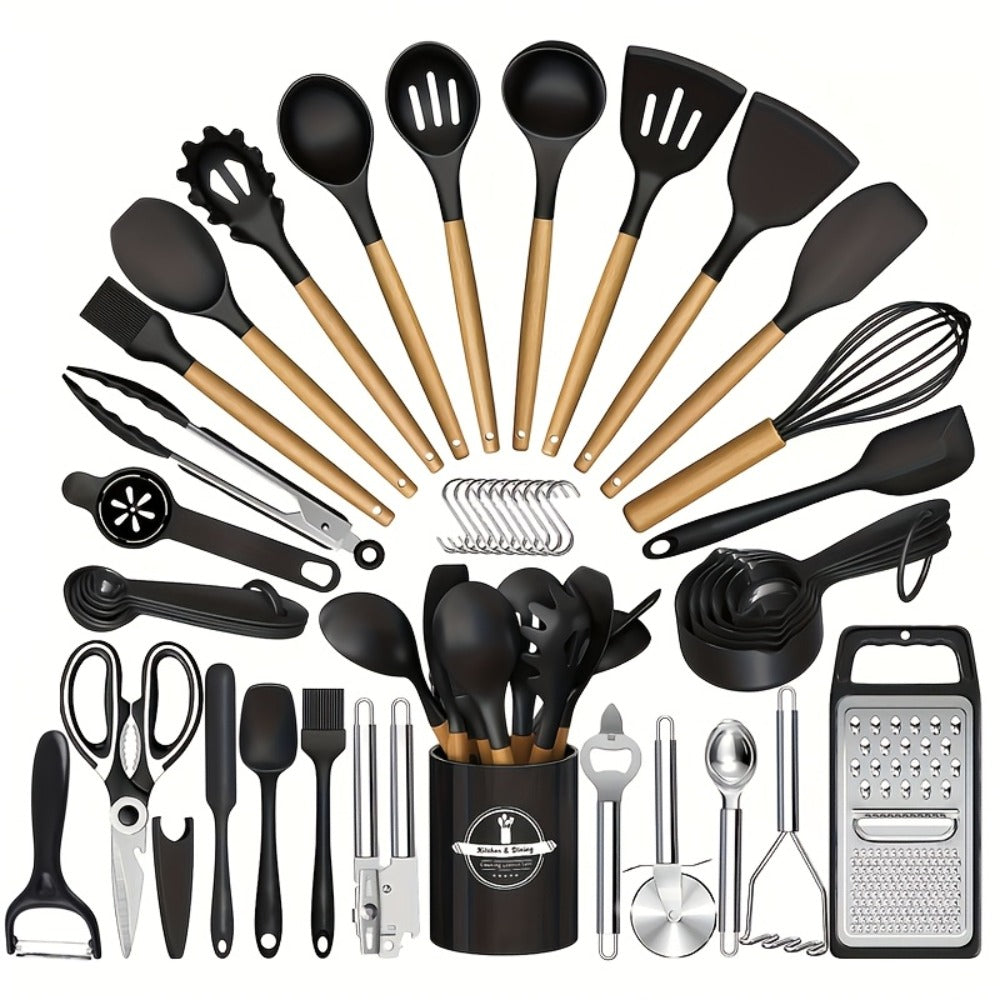 Silicone Kitchen Utensils Set 45pcs ¨C Cooking Utensils for Nonstick Cookware, Stainless Steel Handle Spatulas, Heat Resistant Kitchen Gadgets & Tools, Pots and Pans Accessories, Black
