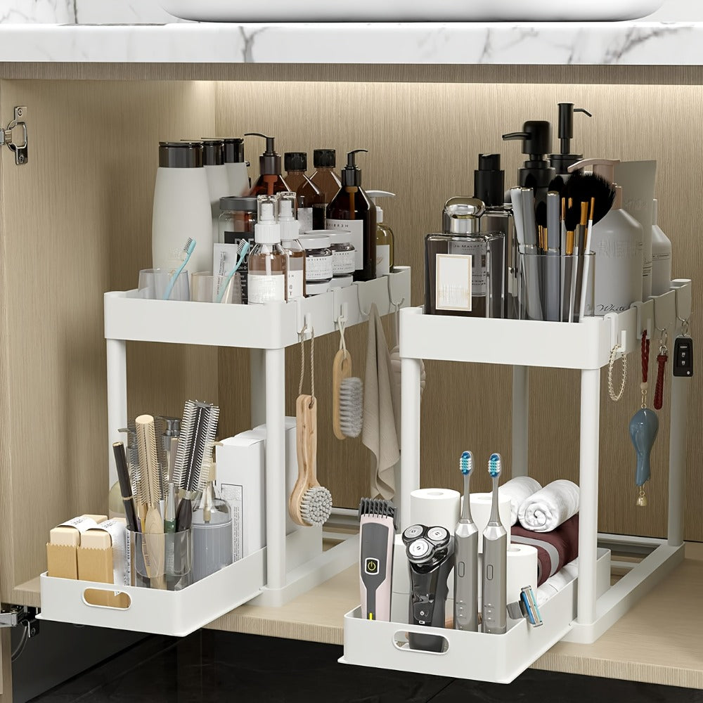Under Sink Organizer 2pcs Double Tier Sliding Storage Basket with 8 Hooks ¨C Kitchen Bathroom Cabinet Rack Shelf