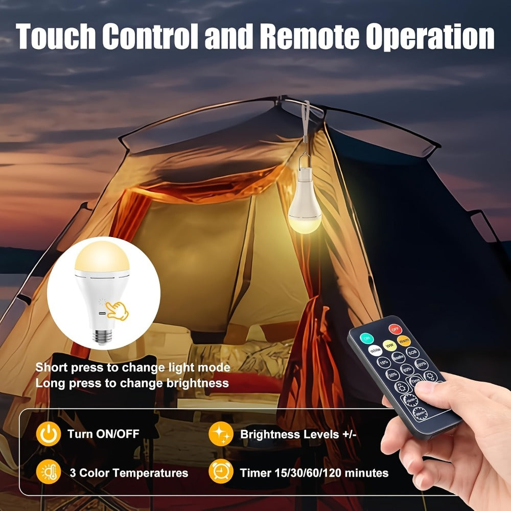 USB Rechargeable Light Bulbs 2-Pack with Remote Control Dimmable Timer 3 Color Temperatures E26 9W 350LM 2000mAh Emergency LED Bulb with Hook for Camping