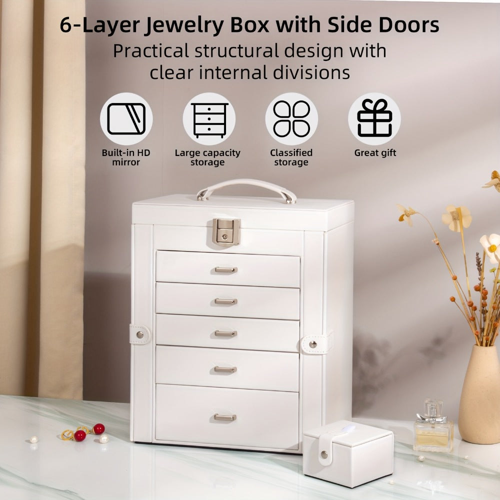 Jewelry Box 6 Tier with 5 Drawers Mirror & Lock | Large Jewelry Organizer Storage Case Gift for Women