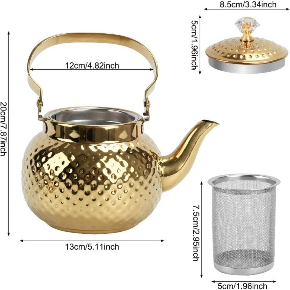 Hammered Tea Kettle Stainless Steel ¨C 40.58oz Stovetop Teapot with Strainer for Loose Leaf Tea, Coffee & Milk, Classic Hammered Design, Outdoor & Travel Friendly, Premium Tea Gift ¨C Gold, Silver