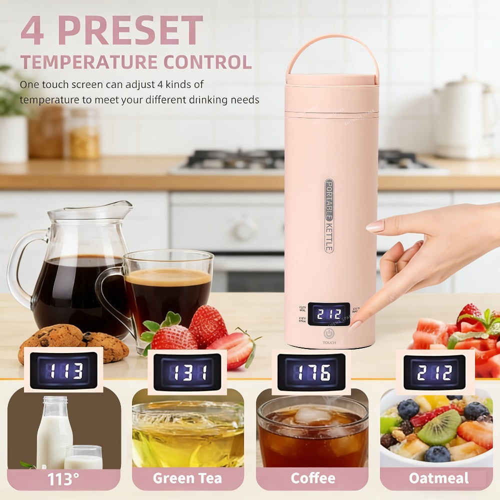 Travel Electric Kettle Mini Portable ¨C Small Water Boiler with 4 Temperature Settings, 304 Stainless Steel, Auto Shut-Off & Boil-Dry Protection, BPA-Free Compact Tea Coffee Kettle with Leather Sleeve ¨C Pink, Black, White