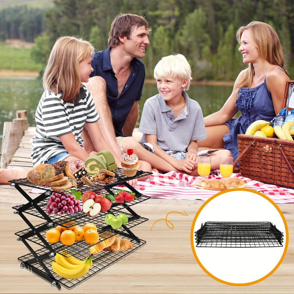 Foldable Cooling Rack for Baking, Stackable Wire Baking Rack with 4-Position Height Adjustment, Collapsible Metal Drying Rack for Cookies Cakes Bread, Camping Grill Rack