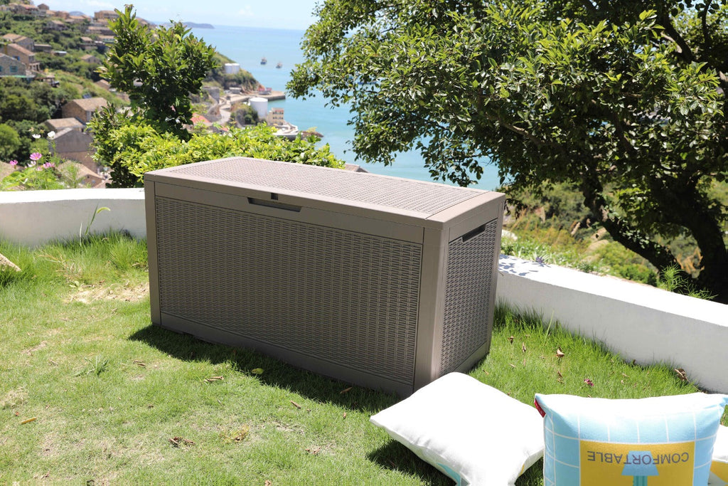 Large Resin Deck Box Lockable Outdoor Storage 80/100 Gallon ¨C 345L UV Protected Weatherproof Patio Storage Box | Sit-On Lid Deck Storage Chest for Pool Accessories, Garden Tools & Outdoor Gear