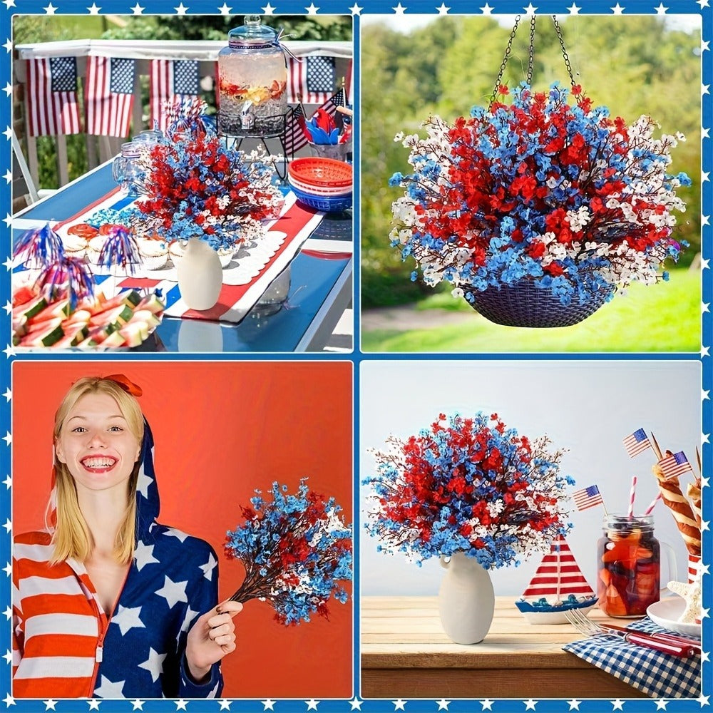 4th of July Artificial Flowers 15pcs Patriotic Red White Blue Fake Flower Arrangements Independence Day Home Decor Table Centerpiece Indoor Outdoor Maintenance Free Holiday Decoration