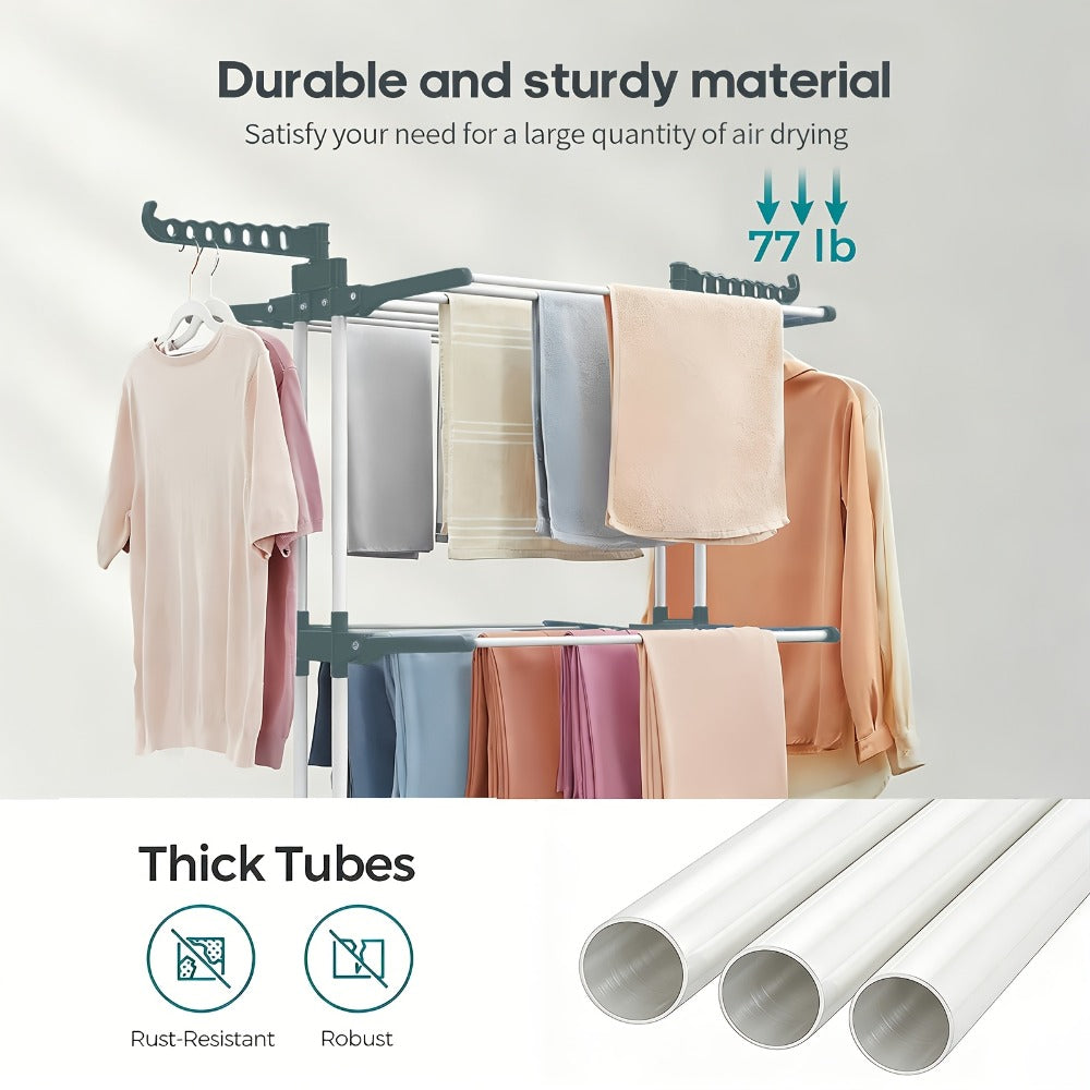Clothes Drying Rack 4-Tier Foldable Metal Laundry Rack with Rolling Casters, Holds 30+ Garments, Adjustable Shelf Heights, Freestanding Collapsible Clothes Dryer Stand for Bedroom Bathroom Nursery Small Spaces