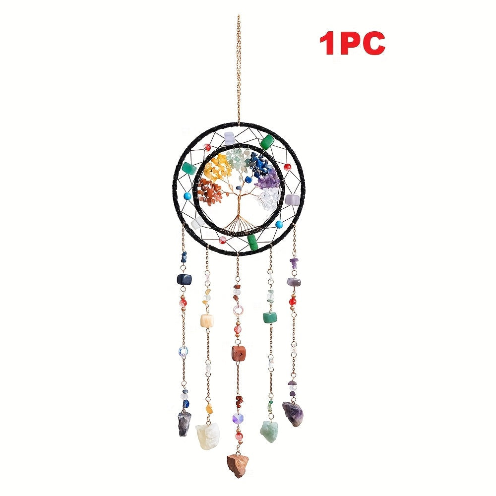 Crystal Wind Chime Suncatcher with Life Tree Pendant - Handmade Bohemian Shattered Stone Woven Hanging Decor for Outdoor Garden Window Porch, Christmas Wedding Birthday New Year Gift