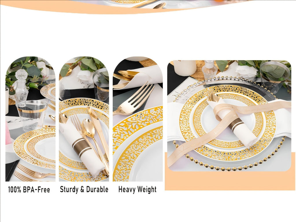 Gold Disposable Dinnerware Set for 50 Guests 350pcs ¨C Includes Dinner Plates, Dessert Plates, 9oz Cups with Gold Rim, Pre-Rolled Napkins & Gold Cutlery | Perfect for Wedding, Party & Holiday Celebration