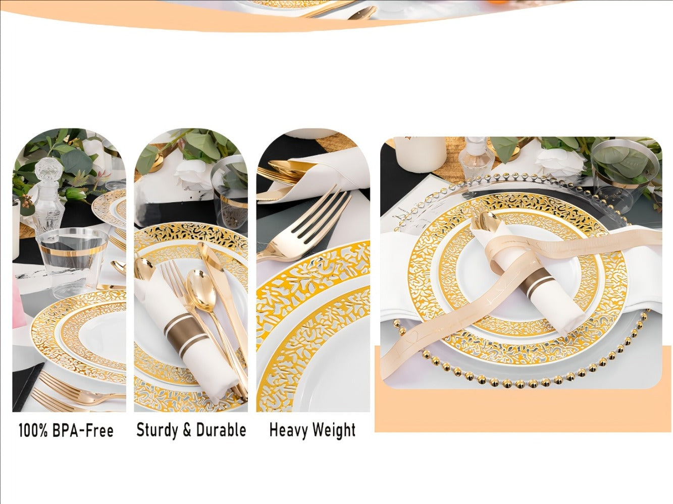 Gold Disposable Dinnerware Set for 50 Guests 350pcs ¨C Includes Dinner Plates, Dessert Plates, 9oz Cups with Gold Rim, Pre-Rolled Napkins & Gold Cutlery | Perfect for Wedding, Party & Holiday Celebration