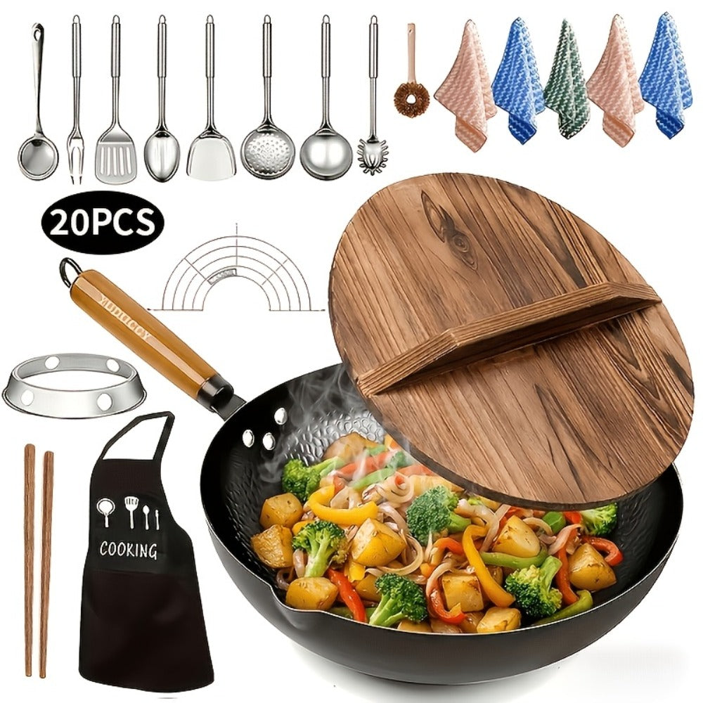 Carbon Steel Wok Set with Lid & Accessories ¨C 14-Piece Non-Stick Stir Fry Pan 12.6¡± for Gas Electric Induction All Stoves | Wok Pan with Spatula Brush Ring Utensils Kitchen Cooking Set