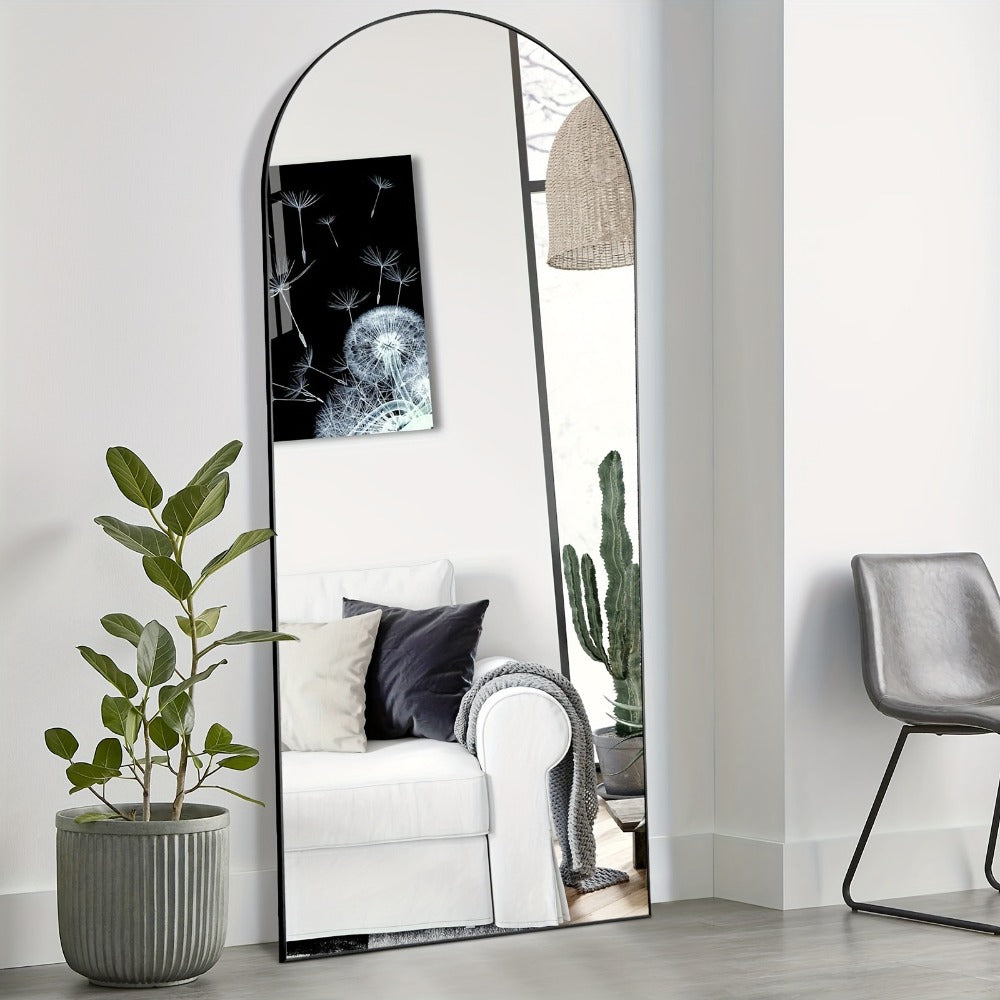 Full Length Floor Mirror with Stand ¨C Arched & Rectangular Full Body Mirror, Aluminum Alloy Frame, Shatter-Proof Nano Glass, Bedroom Living Room Cloakroom Wall Leaning Mirror