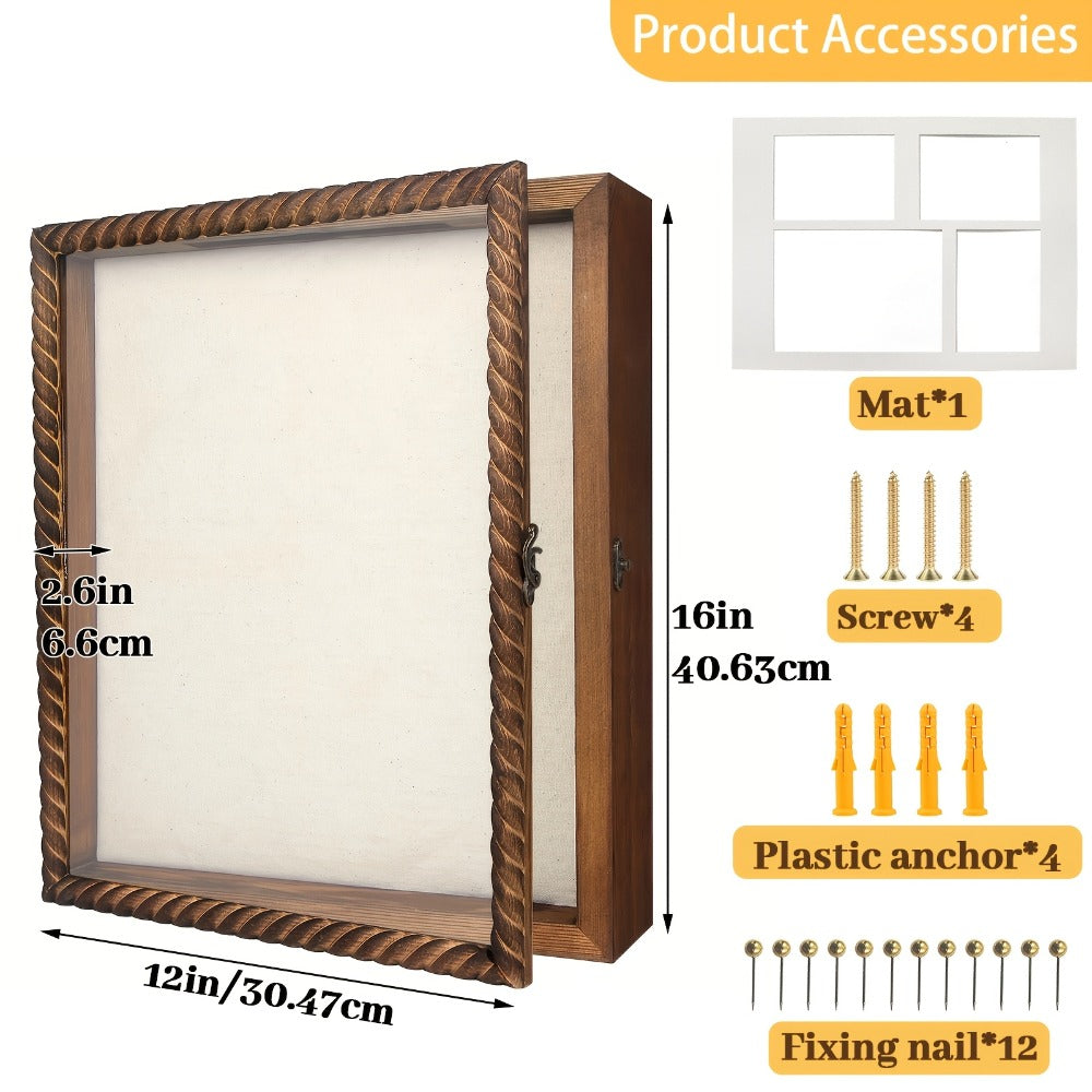 Shadow Box Frame with Linen Back ¨C Large Rustic Memory Display Case 11x14 & 12x16 Inch for Photos, Medals, Coins, Pins, Flowers & Collectibles, 4 Removable Shelves, Black White Brown