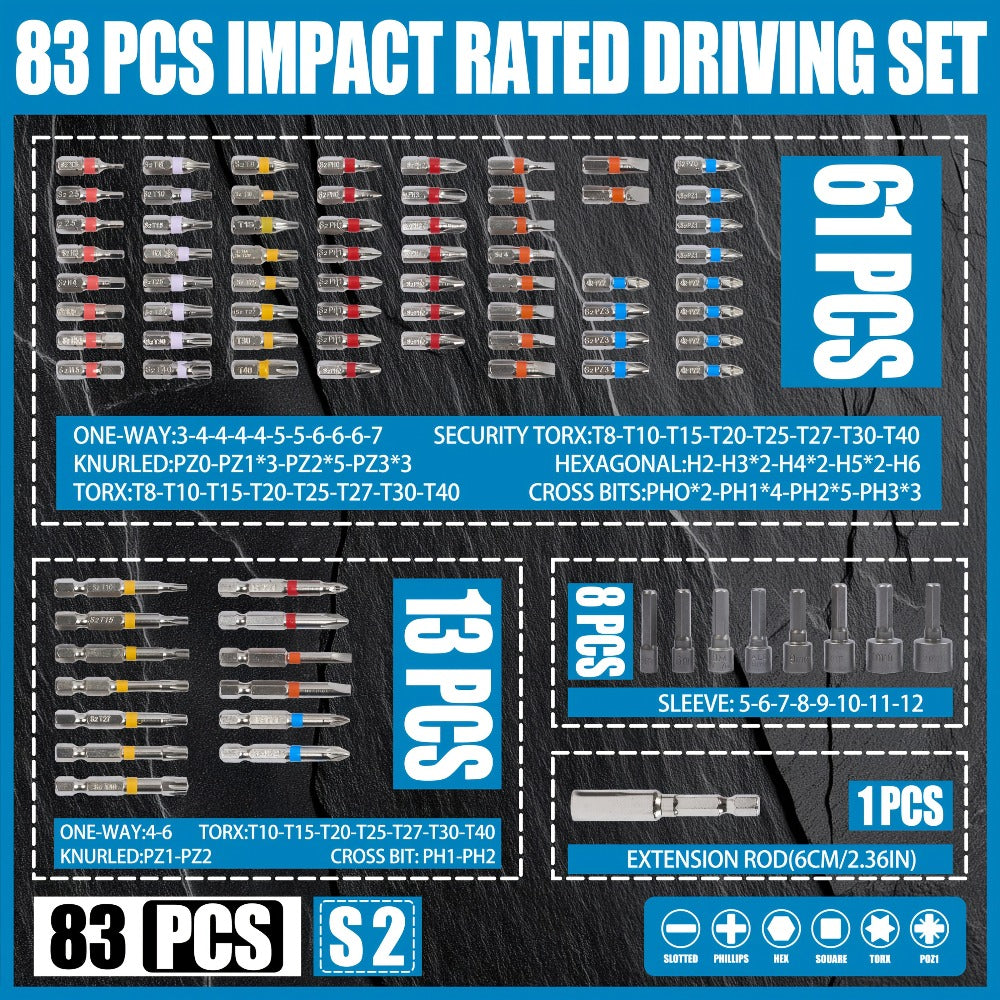 83-Piece Impact Driver Drill Bit Set S2 Steel Cross Slotted Square Star Hex Torx Bits with Magnetic Holder for Home Improvement DIY Projects