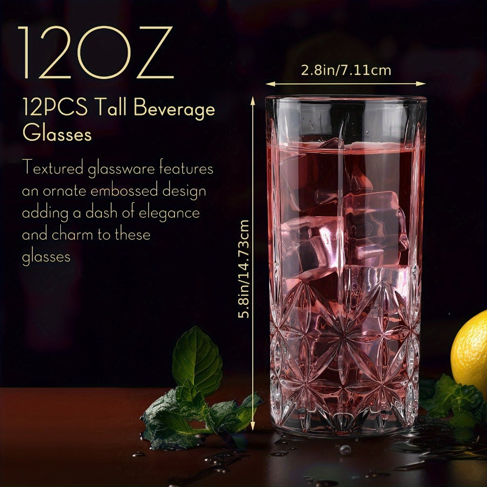 Highball Glasses Set of 12 - 12oz Crystal Clear Vintage Textured Tall Drinking Glasses, Dishwasher Safe Designer Glassware for Cocktail, Tea, Water, Beer & Soda