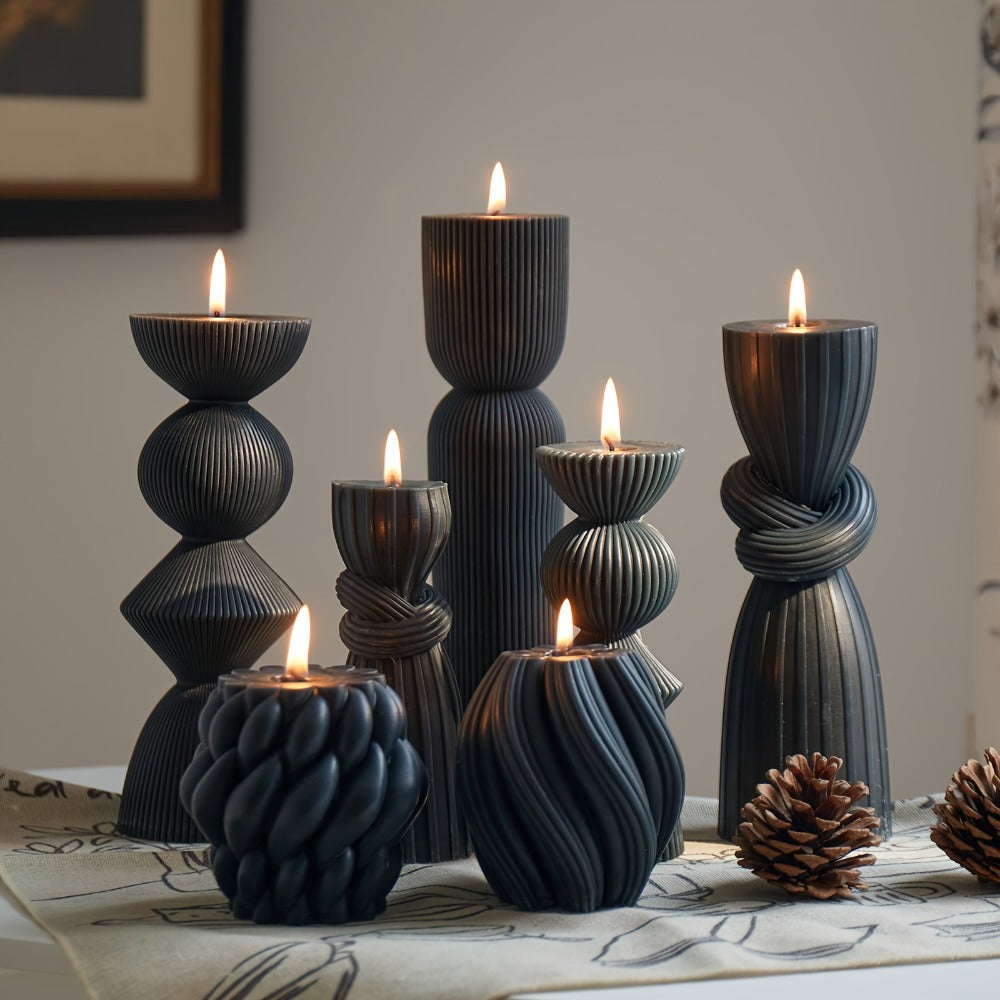 Ribbed Pillar Candles 7-Pack Large Soy Wax, Handmade Aesthetic Pillar Candle Set for Home Decor, Wedding Centerpiece, Shelf Decor, Dining Table & Housewarming Gift ¨C White, Black, Blue, Orange with Glitter