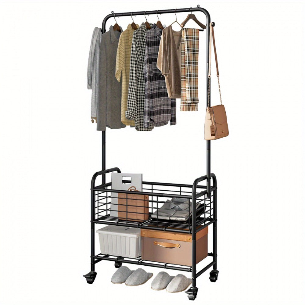 Rolling Laundry Basket with Wheels and Hanging Rack, Laundry Sorter Cart with Shelf and Locking Casters, Heavy Duty Steel Frame, Multifunctional Clothes Hamper for Laundry Room Bedroom Bathroom, White Black Silver