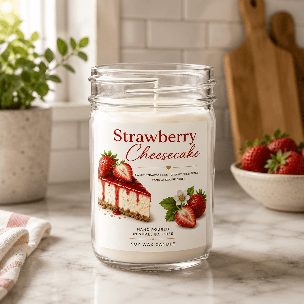 Strawberry Cheesecake Scented Soy Wax Candle ¨C 8oz Mason Jar, 30-40 Hour Burn, 100% Natural Vegan Soy Wax, Phthalate-Free Fragrance, Fall & Holiday Candle Gift, Food-Inspired Dessert Scent