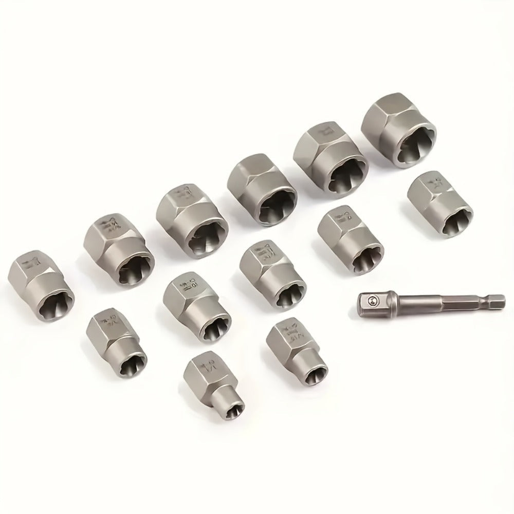 Nut Extractor Kit 14pcs, Damaged Bolt & Nut Remover Set with 13 Stripped Nut Extractors & 1 Hex Socket Adapter, 1/4¡± to 3/8¡± Drive Lug Nut Removal Tool for Construction, Auto & Home Repair