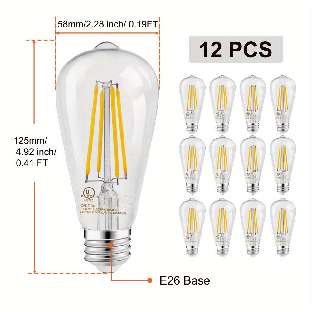 ST58 Vintage Edison LED Filament Bulb 8W 2700K Warm White Dimmable ¨C 60W Equivalent E26 Base Clear Glass Antique Style for Chandelier Pendant Bedroom Living Room Home Commercial, 12 & 24 Pack