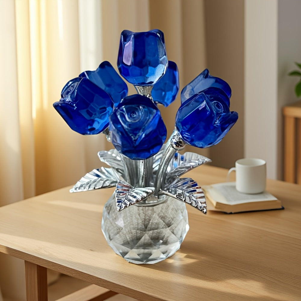 Glass Rose Sculpture Floral Home Decor ¨C Sparkling Leaves Art Figurine for Bedroom, Living Room, Valentine's Day Gift