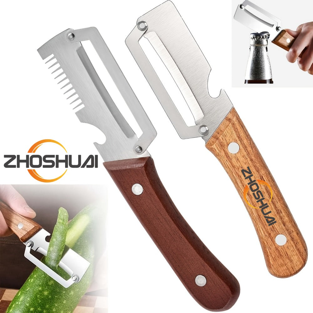 Stainless Steel Vegetable Peeler Set 2pcs ¨C Multi-functional Kitchen Peeler with Scallion Cutter, Straight Blade, Wooden Handle & Bottle Opener
