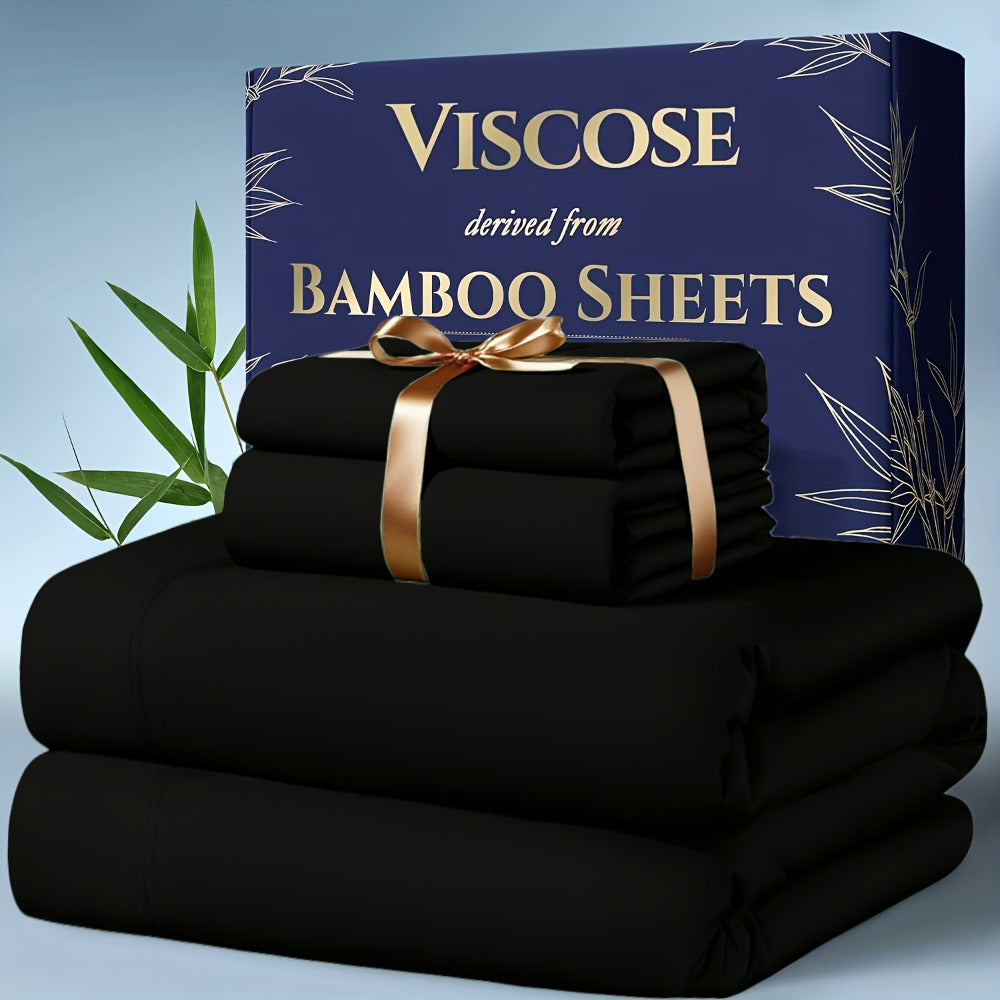 Bamboo Cooling Bedding Set 4pcs - Deep Pocket Fitted Sheet, Flat Sheet & Pillowcases for Hot Sleepers, Breathable Soft Viscose Sheets Twin Full Queen King