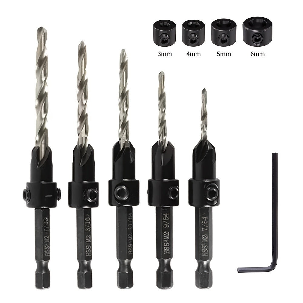 5pcs Countersink Drill Bit Set #4 #6 #8 #10 #12 Tapered with 1/4¡± Hex Shank Quick-Change ¨C Adjustable Wood Counter Sinker Bits with Allen Wrench for Woodworking