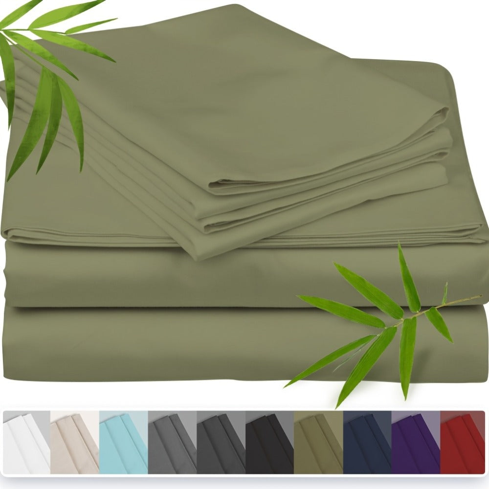 Bamboo Cooling Bed Sheet Set 3 Piece 100% Bamboo Fiber Fitted Sheet with Pillowcases - Deep Pocket Breathable Cool Sheets for Hot Sleepers Twin Full Queen King Cal King Olive Black Navy Beige Gray